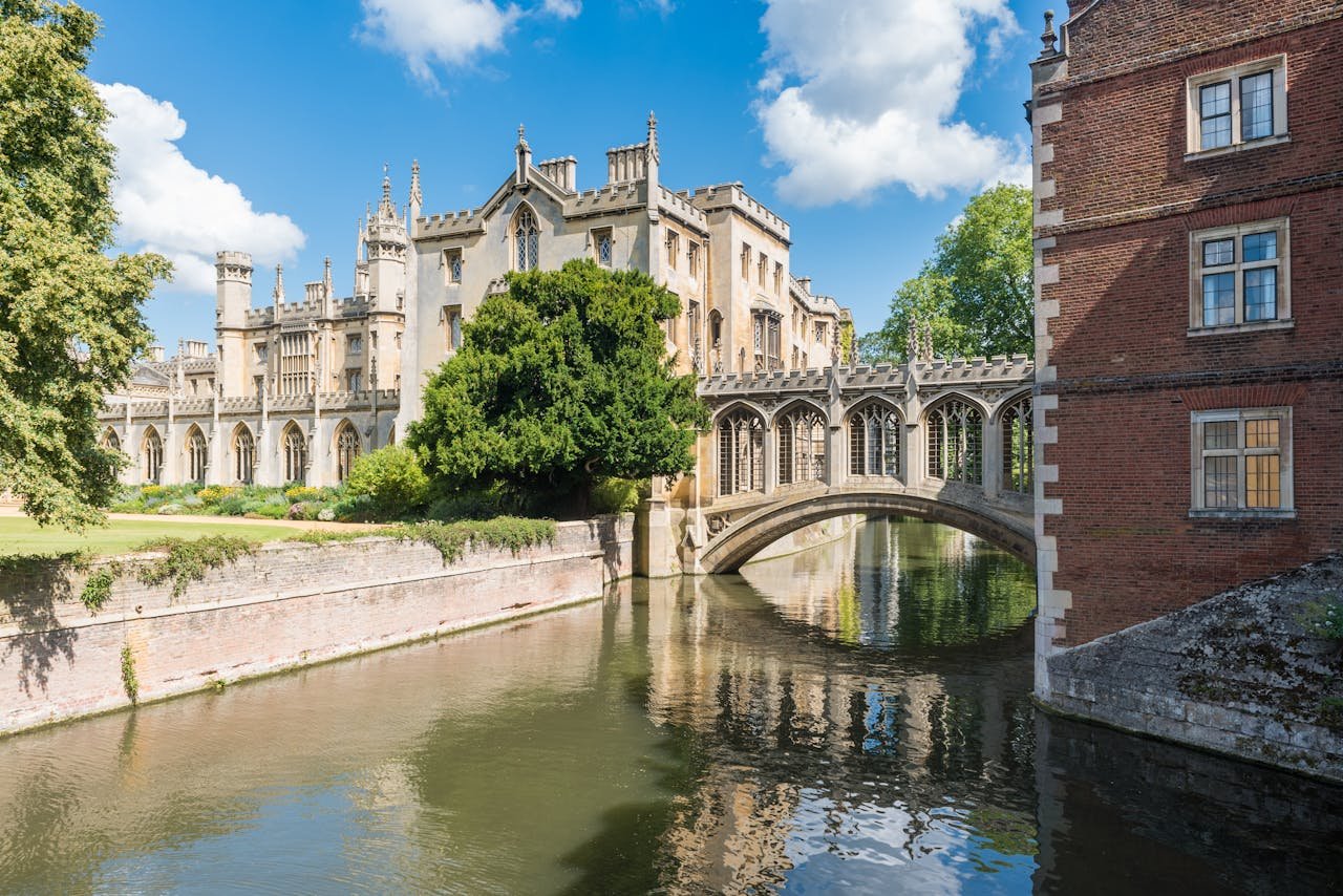 Picturesque view of St John's College with iconic bridge over the River Cam.